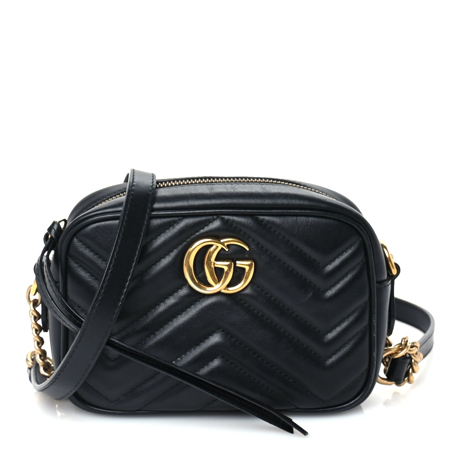 Gucci Calfskin Matelasse Mini GG Marmont Chain Shoulder Bag Black