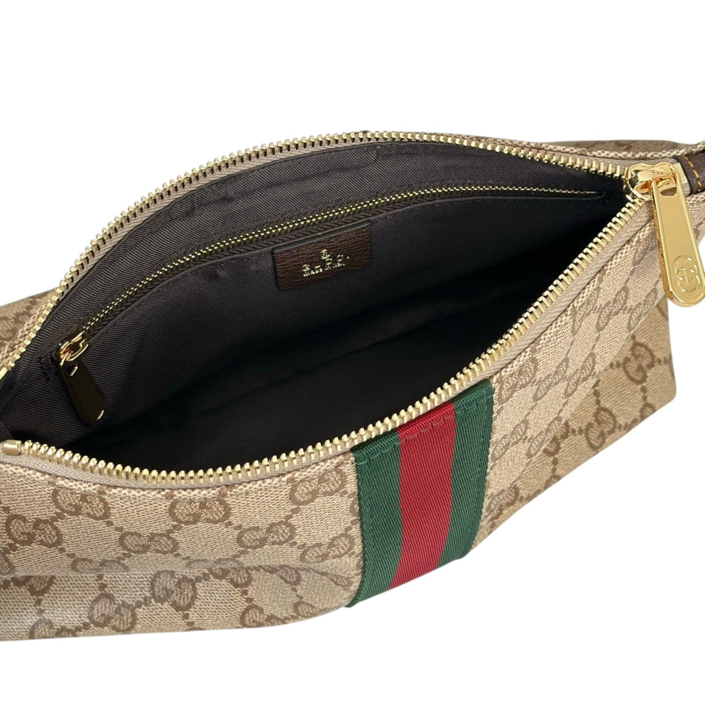 Zebass Gucci monogram canvas wristlet pouch with signature green and red Web stripe and gold zip interior view