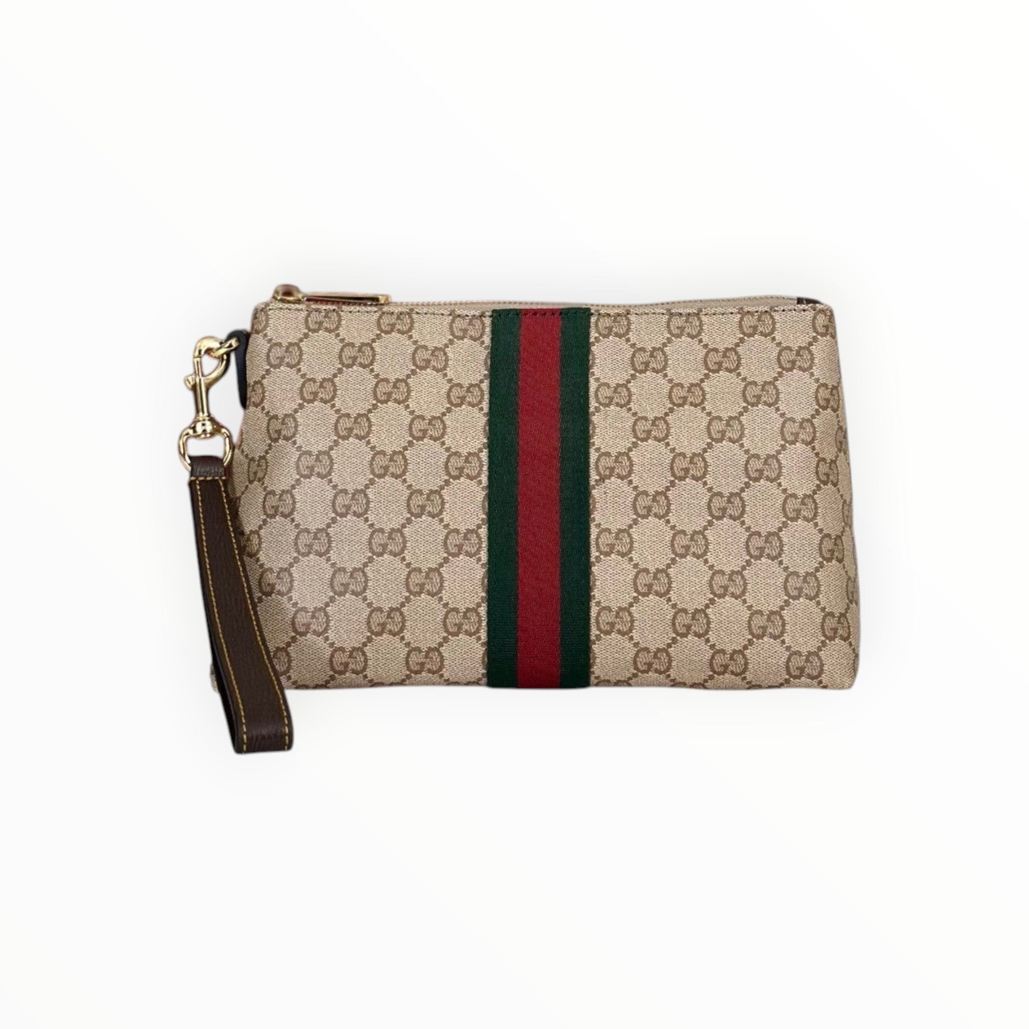 Zebass Gucci monogram canvas wristlet pouch with signature green and red Web stripe and brown leather wrist strap.