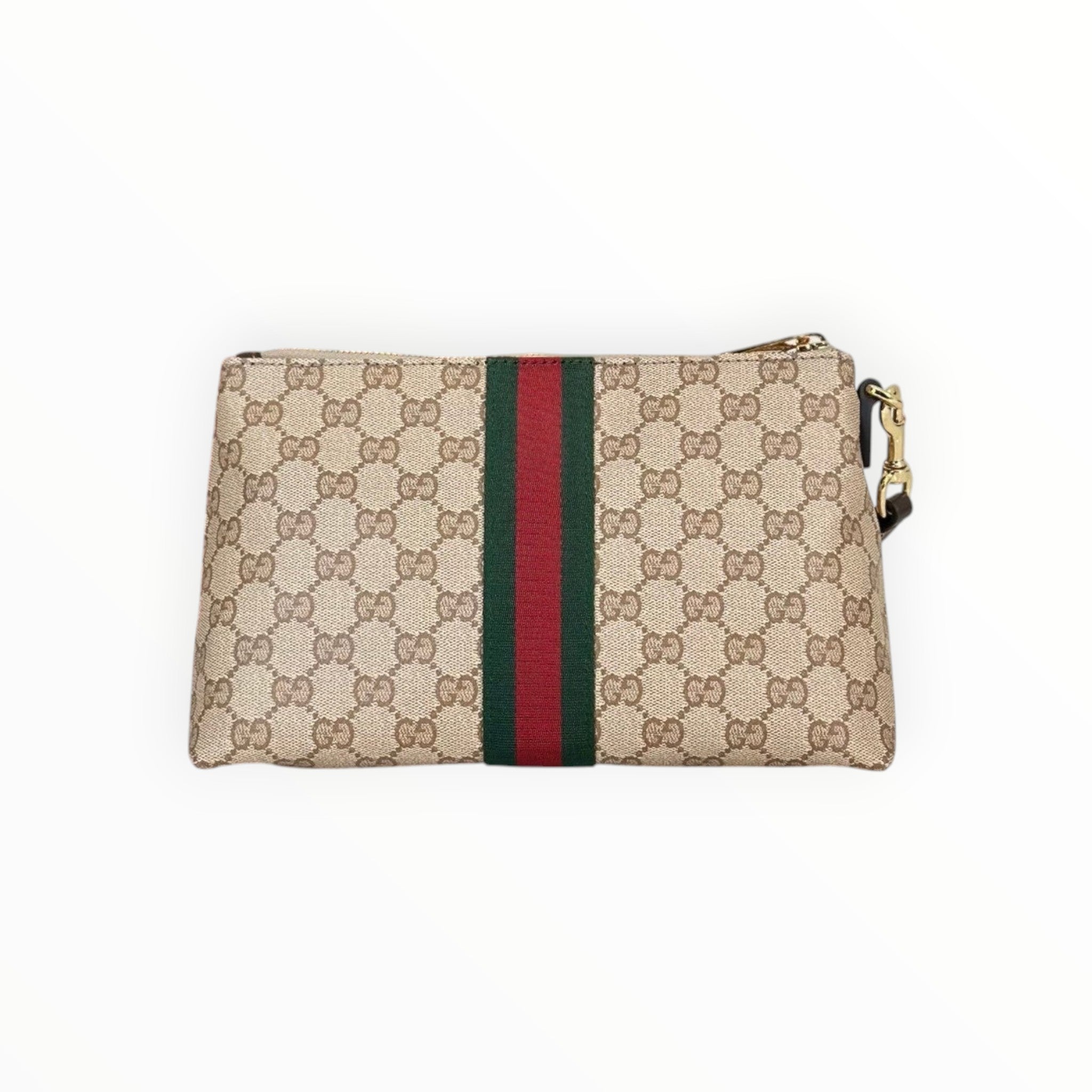 Zebass Gucci monogram canvas wristlet pouch with signature green and red Web stripe and gold hardware