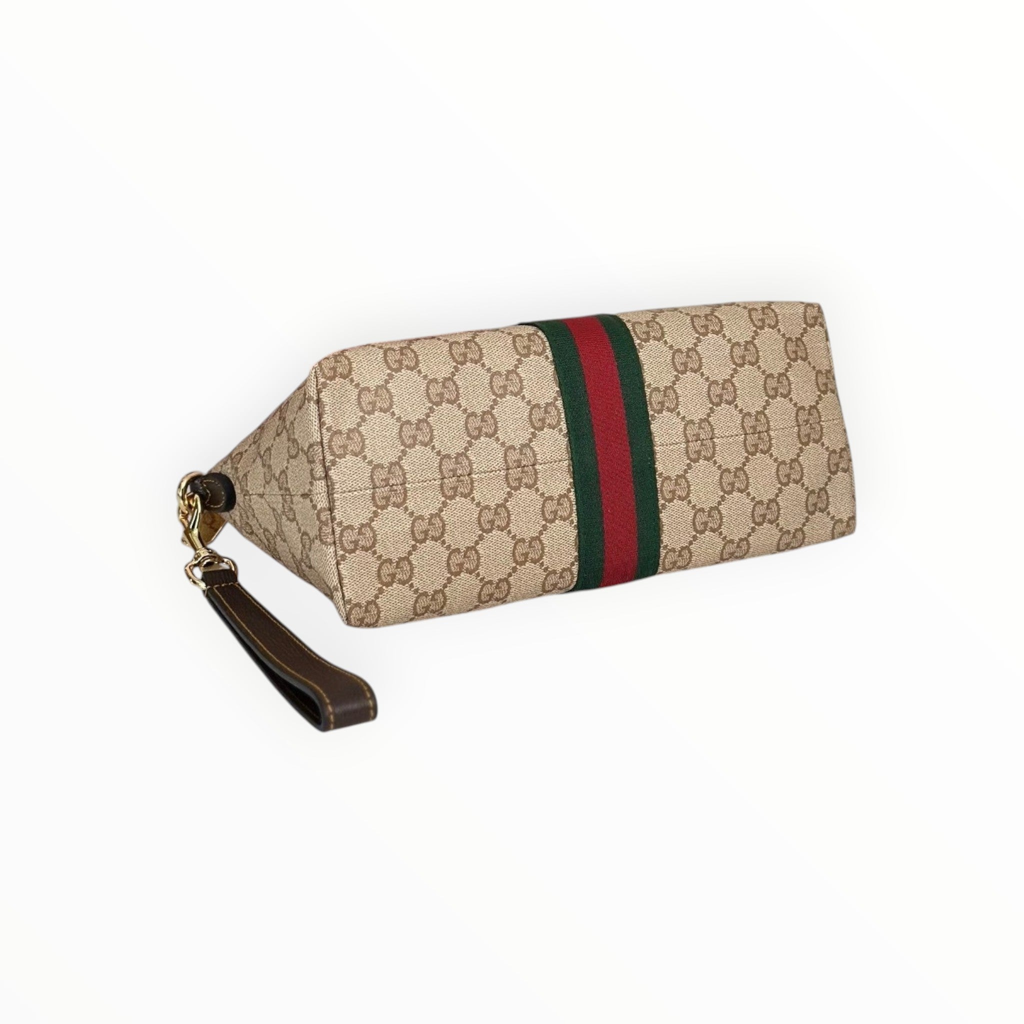 Zebass Gucci monogram canvas wristlet pouch featuring signature green and red Web stripe and leather wrist strap
