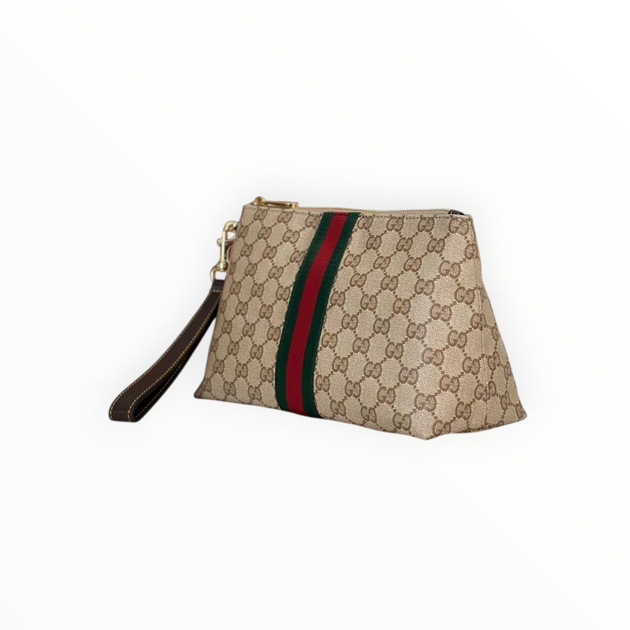Zebass Gucci monogram canvas wristlet with signature green and red Web stripe and brown leather wrist strap