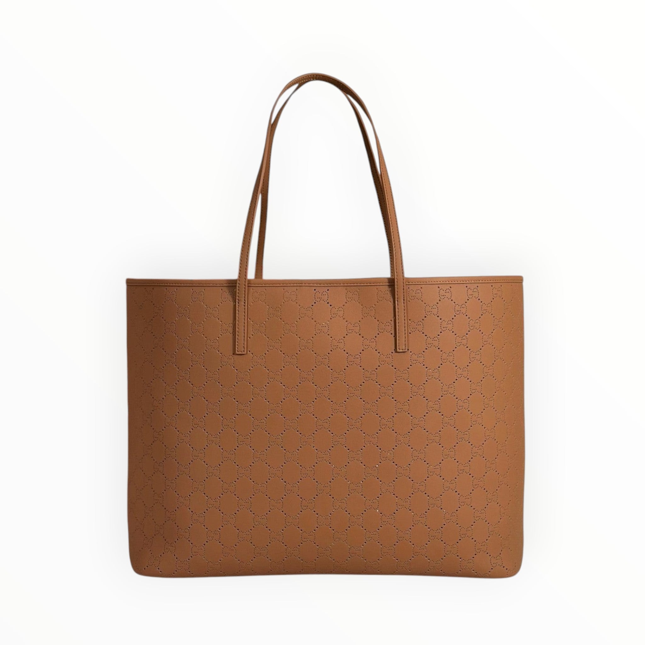 Zebass tan leather GUCCI tote bag with laser-cut monogram pattern and structured shoulder straps.