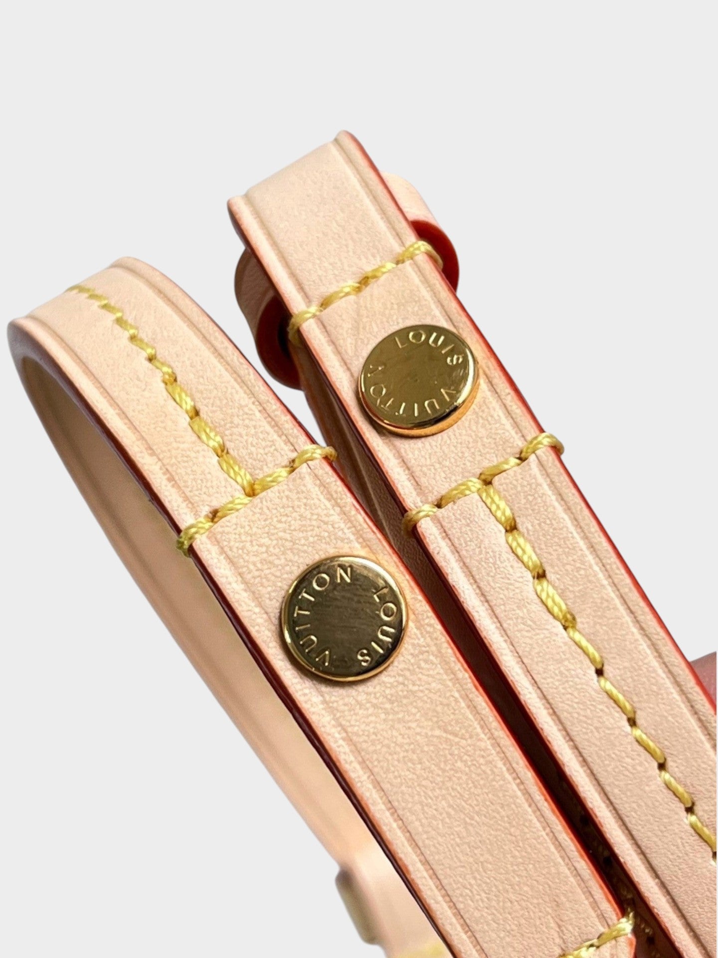 Zebass Louis Vuitton monogram bag light leather strap with yellow contrast stitching and gold engraved hardware studs