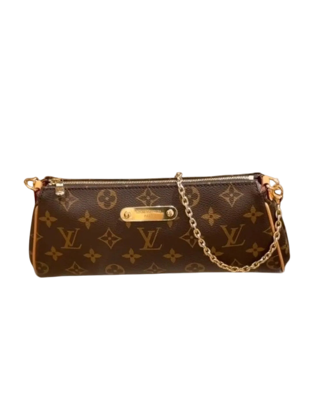 Zebass LOUIS VUITTON monogram canvas baguette shoulder bag with gold chain strap and leather trim on glass table.