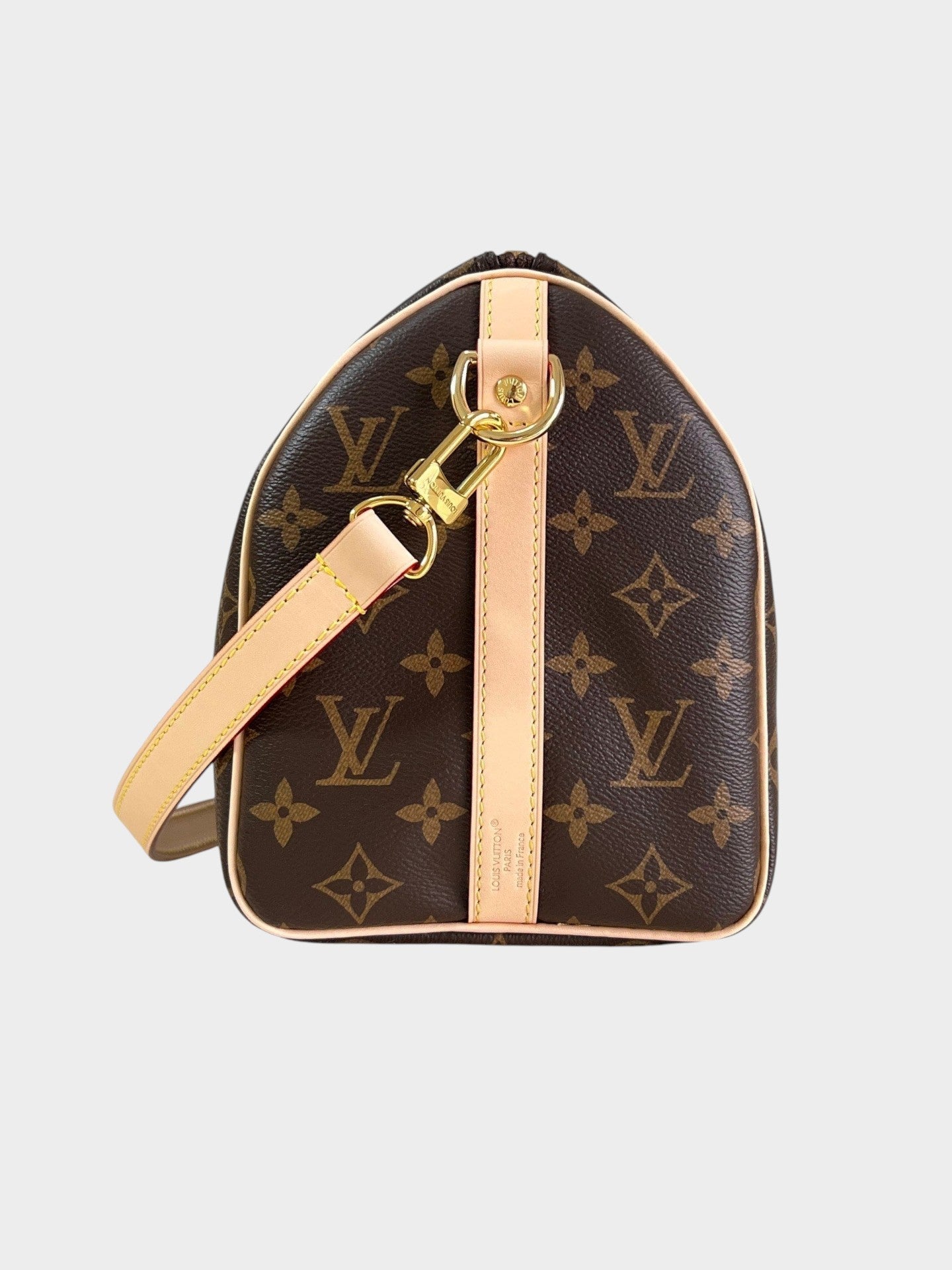 Zebass Louis Vuitton monogram canvas satchel bag with light leather trim and gold-tone hardware side view