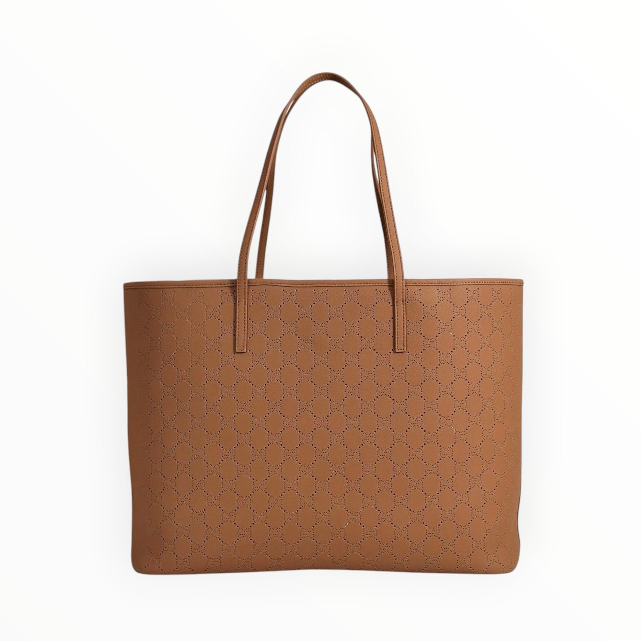 Zebass GUCCI tan leather tote handbag with laser-cut monogram pattern and structured shoulder straps