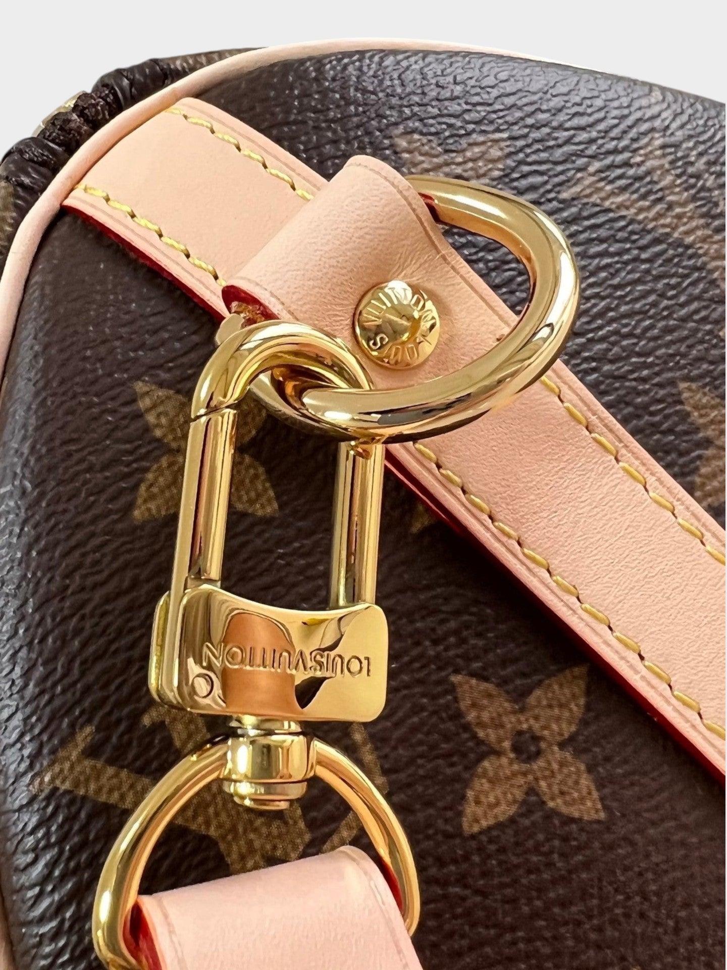 Zebass Louis Vuitton monogram canvas handbag featuring gold-tone hardware, light leather trim, and a secure clasp.