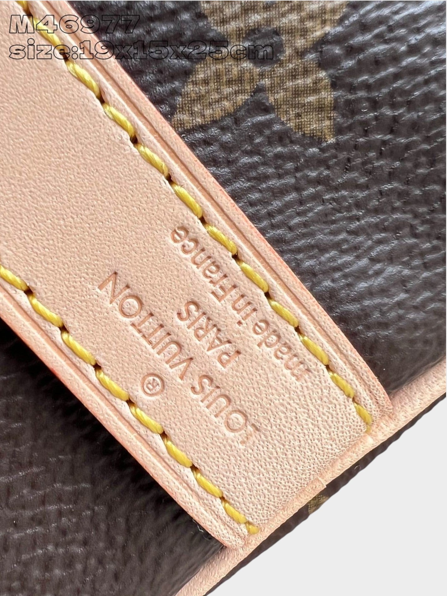 Zebass Louis Vuitton monogram coated canvas bag with light leather trim and yellow stitching detail