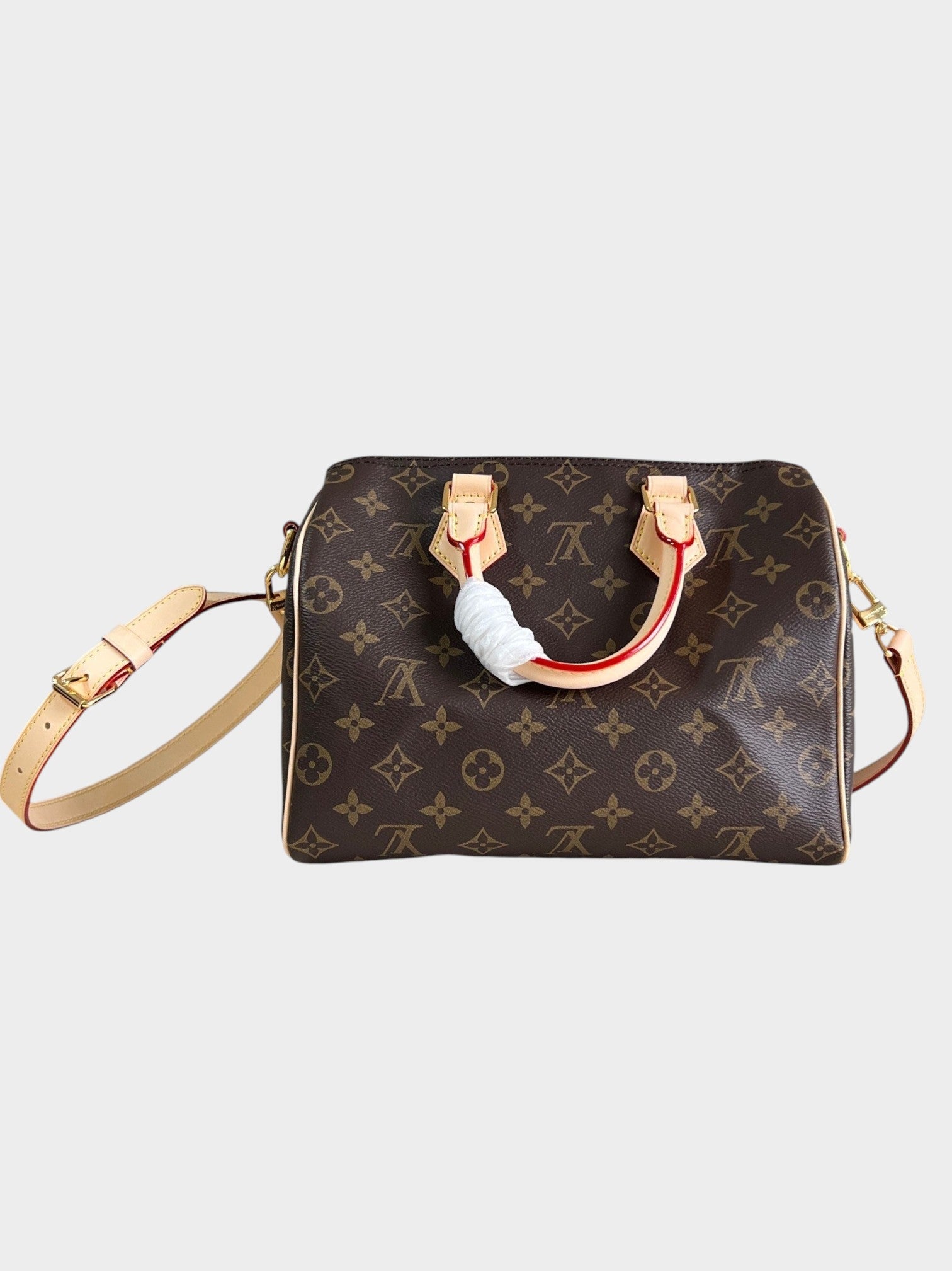 Zebass Louis Vuitton monogram coated canvas satchel with light leather handles, gold hardware, and shoulder strap.