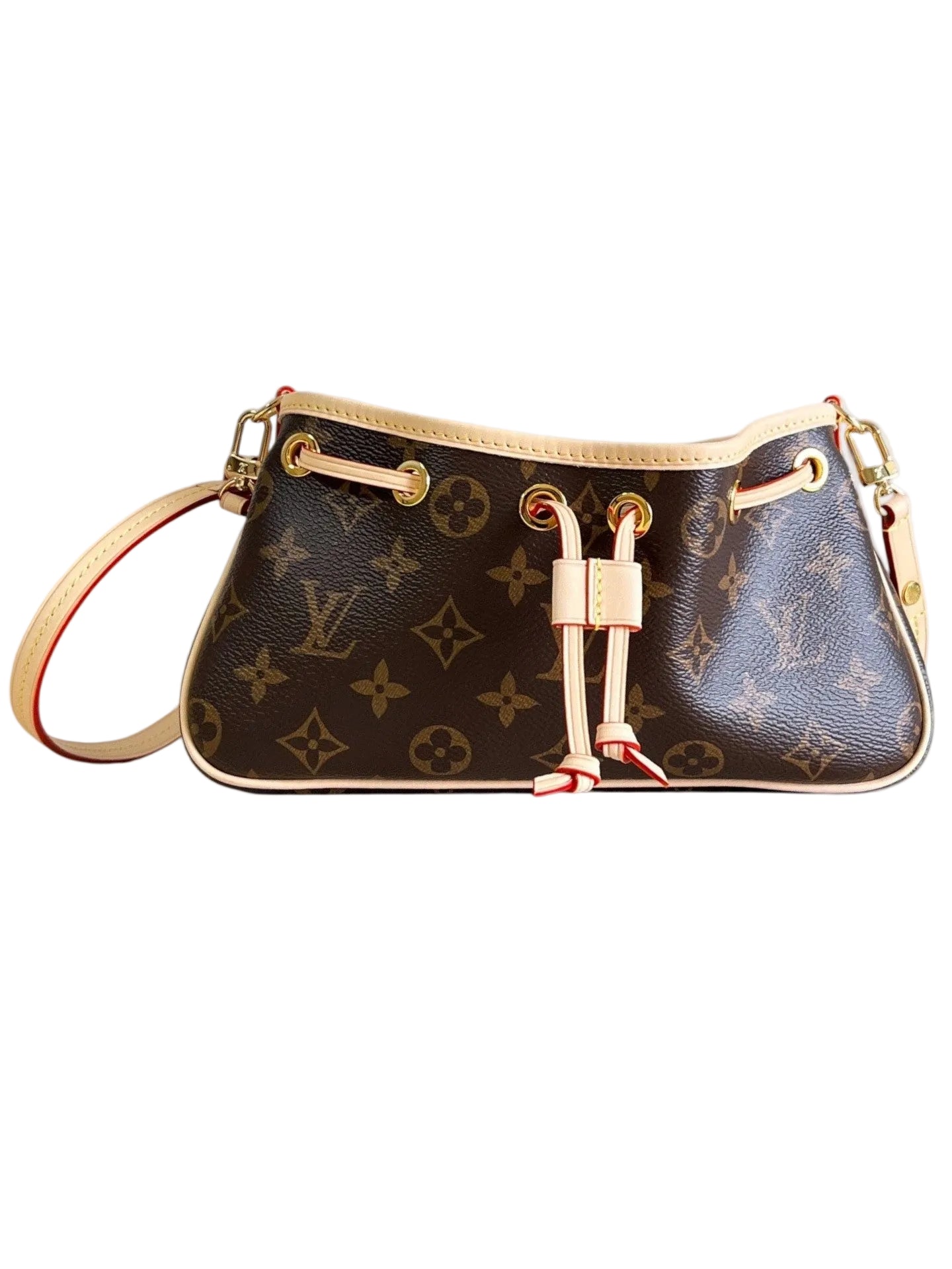 Zebass monogram coated canvas bucket shoulder bag with light leather trim, red edges, and gold-tone drawstring hardware